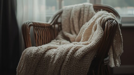 A cozy wicker chair draped with a warm knitted blanket
