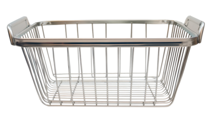 Empty metal basket with handles on transparent background