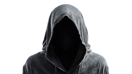 Hooded figure shrouded in shadow with transparent background
