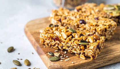 Tasty and healthy homemade organic granola protein bar with oats and seeds. Delicious vegan snack