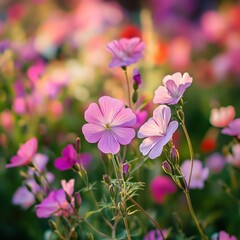 A vibrant field of blooming pink and purple flowers are visible