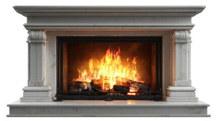 Classic white marble fireplace burning with bright fire on transparent background