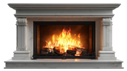 Classic white marble fireplace burning with bright fire on transparent background