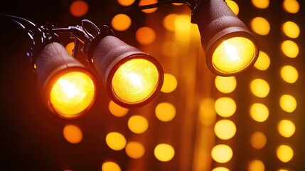  stage spotlights emitting warm yellow light, with a blurred background of circular lights, creating a theatrical or performance atmosphere.