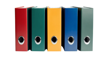 Colorful ring binders standing in a row on transparent background