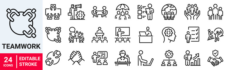 Business teamwork line web icons. Containing team, cooperation, group, people, organization, collaboration, communication, partnership, leadership, support, unity, community. Vector illustration