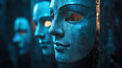 Theater masks stand blue light, embodying mystery, expression. Theatrical disguise creates anonymous, historical, symbolic mood.