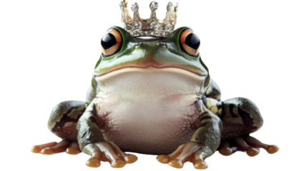 Majestic frog wearing golden crown on transparent background