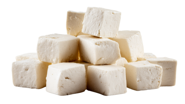 Pile of diced tofu cubes forming a pyramid on transparent background