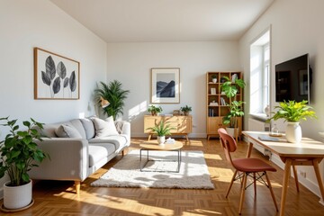 Fototapeta premium Cozy and Modern Living Room with Natural Light, Green Plants, and Stylish Decor Elements