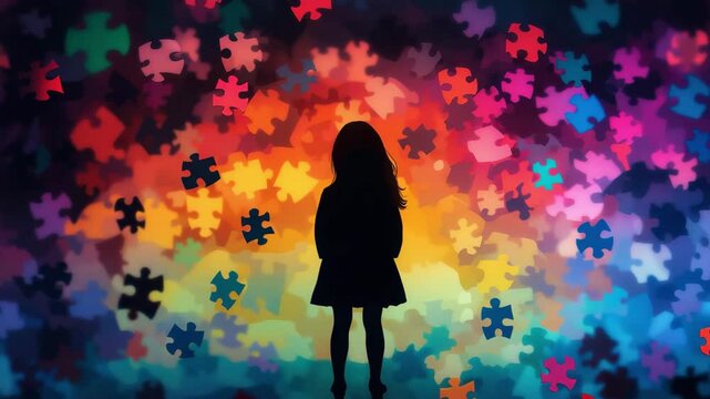 Young Girl Silhouette Stands Amidst Colorful Puzzle Pieces Representing Autism Awareness