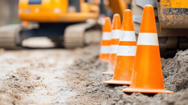 Construction cones line a dirt path, marking a work zone. Heavy machinery is visible in the background, indicating ongoing construction activity.