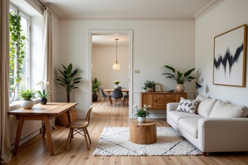 Cozy modern living room with natural light, wooden furniture, and indoor plants
