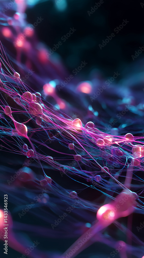 Aufkleber Abstract image of glowing pink and blue filaments and orbs, creating a network-like structure.  Represents connection, energy, or neural pathways. Ideal for tech or science themes.