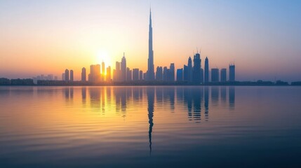 The silhouette of city buildings reflects on the water at sunset