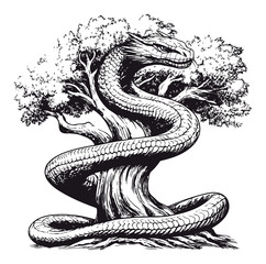 Obraz premium Engraving of a Serpent Wrapped Around a Tree in Black and White