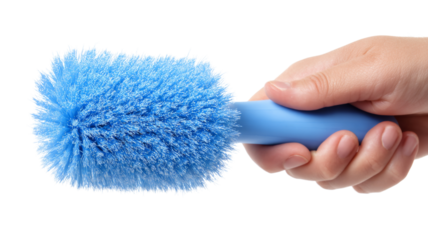 Hand holding blue soft cleaning brush on transparent background