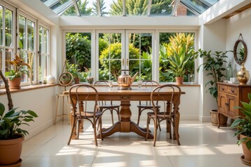 Fototapeta premium Bright and Airy Conservatory with Wooden Dining Table Surrounded by Lush Greenery and Plants