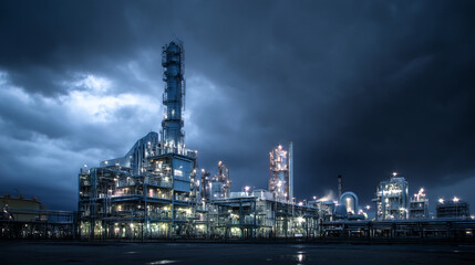Naklejka premium Night view of illuminated industrial complex under a dramatic sky, showcasing powerful infrastructure and energy production, symbolic of industry and progress