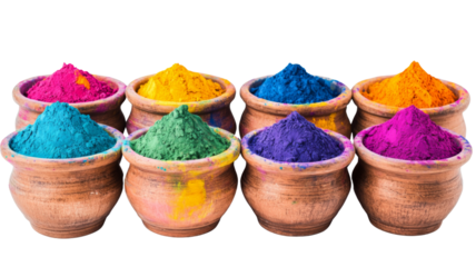 Colorful gulal powder in clay pots celebrating holi festival with transparent background