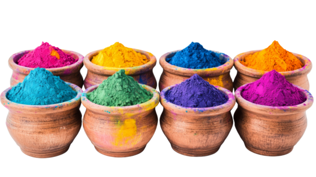 Colorful gulal powder in clay pots celebrating holi festival with transparent background - Powered by Adobe