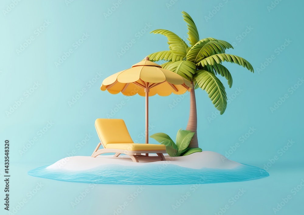Poster 青い背景に黄色いパラソルと椅子がある白い砂浜の風景ヤシの木と夏の休暇のテーマ