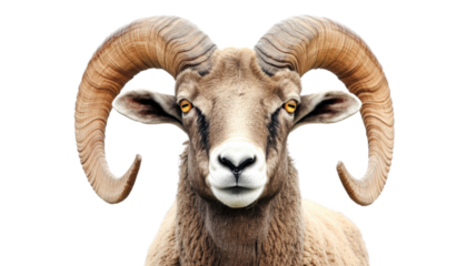 Bighorn sheep ram starring with large horns on transparent background