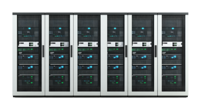Server racks blinking in a data center with transparent background