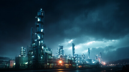 Naklejka premium Night scene of illuminated industrial refinery complex under a dramatic, dark sky, showcasing modern industrial architecture and energy production