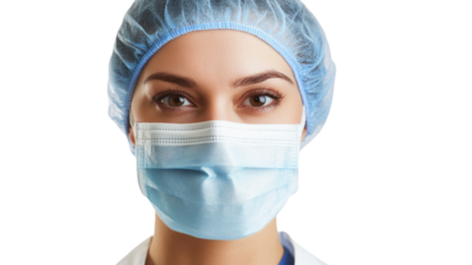 Female doctor wearing protective mask and surgical cap on transparent background
