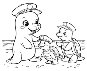 Coloring Page Sea Friends with Navy Hats