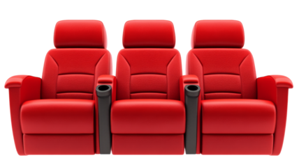 Three red cinema seats isolated on transparent background representing entertainment industry