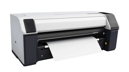 Modern large format printer printing a blank document on transparent background
