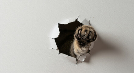 Tabby cat paw reaching through a hole in a white wall. Playful mischief with indoor home setting. Domestic pet causing damage to interior. home.