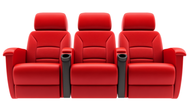 Three red cinema seats isolated on transparent background representing entertainment industry