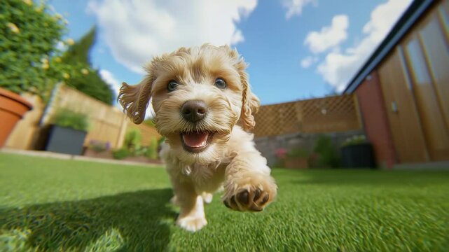 Happy Fluffy Puppy Running in a Sunny Garden A joyful dog plays outdoors on the grass