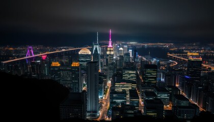 Cityscape at Night. High angle view of illuminated skyscrapers, bridges, and roads