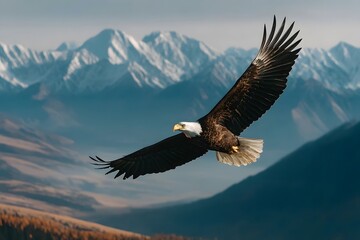 Obraz premium Majestic Bald Eagle Soaring Above Snow Capped Mountains Wildlife Nature Freedom Bird
