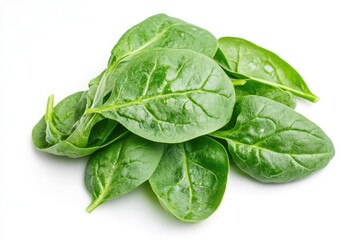 Obraz premium Fresh spinach leaves on white background. AI generated illustration.