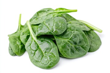 Obraz premium Fresh spinach leaves on white background. AI generated illustration.