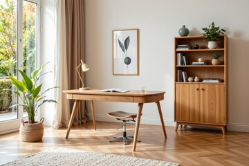 Modern Home Office Setup with Wooden Desk, Chair, Bookshelf, Natural Light, and Green Plants