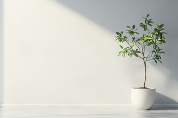 A potted plant with green leaves sits in a white pot in front of a white wall with sunlight shining through