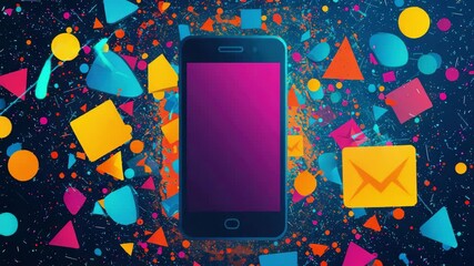 Vibrant Smartphone Mockup with Colorful Geometric Shapes and Splashes Perfect for App Presentation or Technology Design
