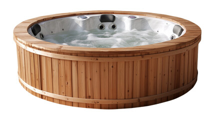 Modern round wooden hot tub relaxing with bubbling water on transparent background
