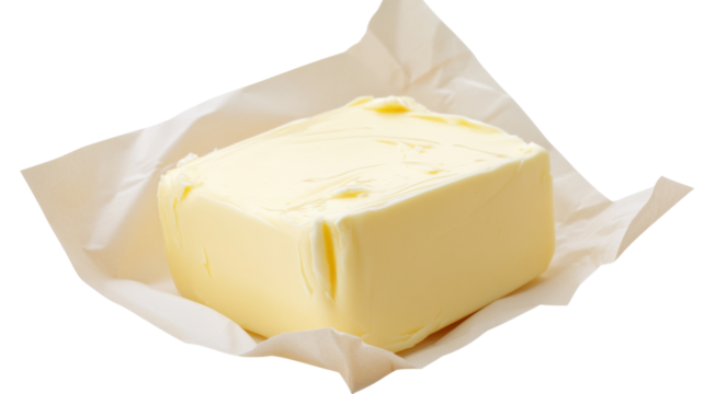 Fresh butter block wrapped in parchment paper on transparent background