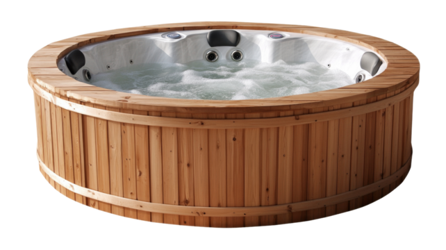 Modern round wooden hot tub relaxing with bubbling water on transparent background