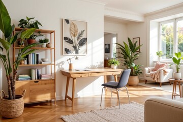 Cozy and Modern Home Office with Natural Light and Indoor Plants in Elegant Living Space