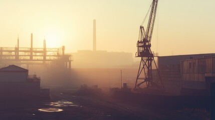 Industrial landscape depicted with cranes and buildings in morning haze