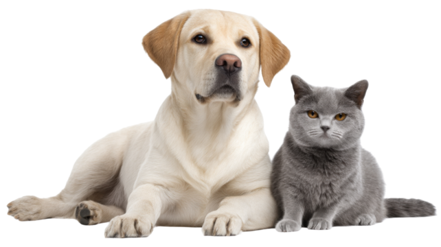 Labrador retriever and british shorthair cat sitting together on transparent background