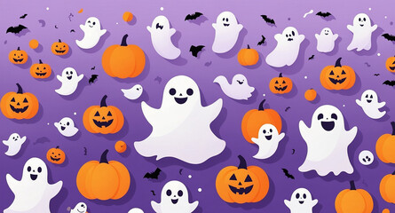 A fun and playful Halloween seamless pattern featuring cute ghosts, smiling pumpkins, and spooky elements on a purple background, perfect for festive designs, party invitations, and seasonal decoratio